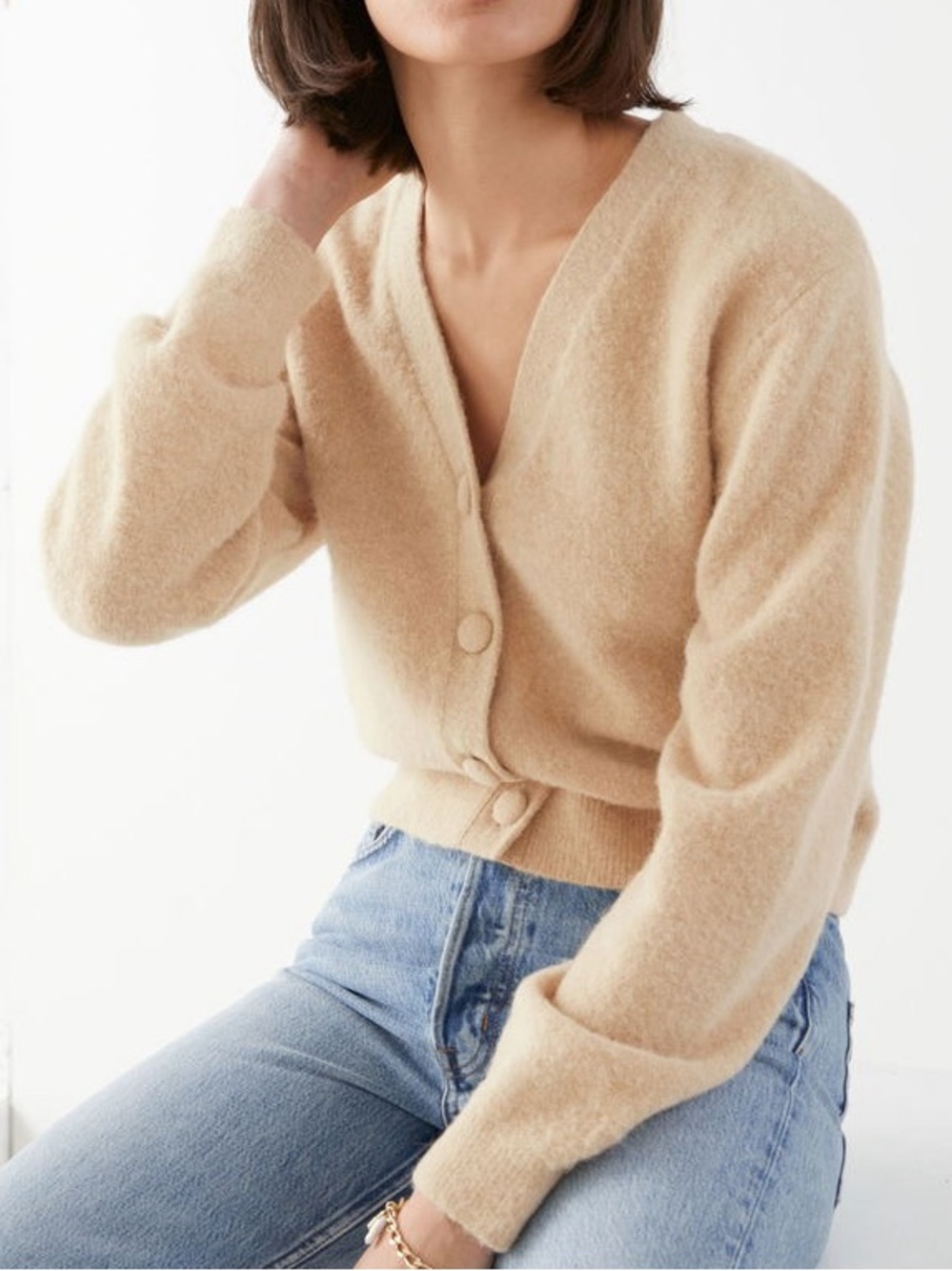 & Other Stories Alpaca Wool Blend V-Neck Button Front Cardigan Sweater Cream M